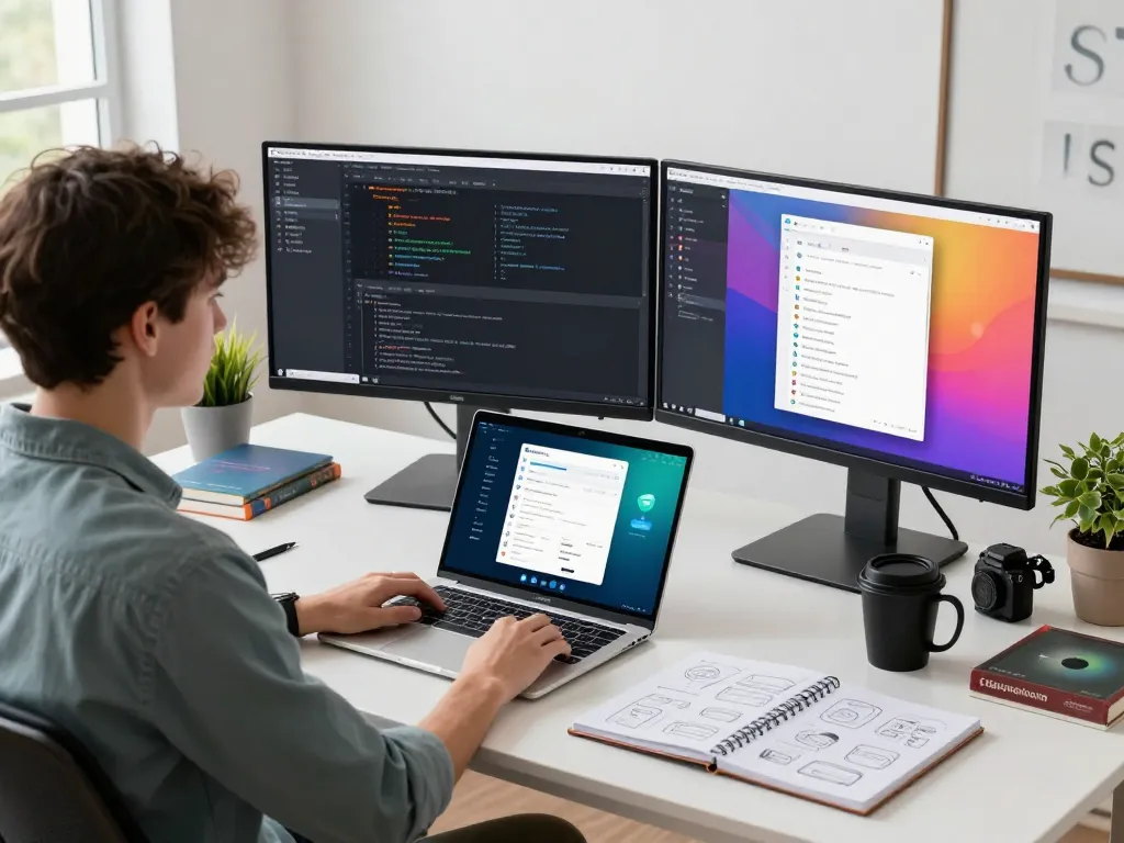 Developer working on Telegram 电脑版 software at a modern desk with dual monitors in a bright tech workspace.
