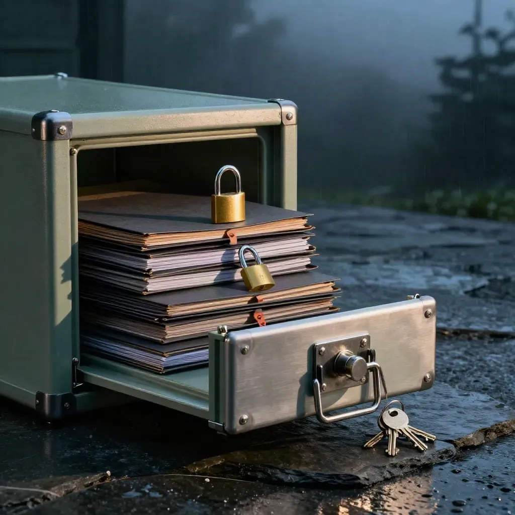 Brushed archive vault case, folders, brass padlock and keys on wet slate in blue-hour haze