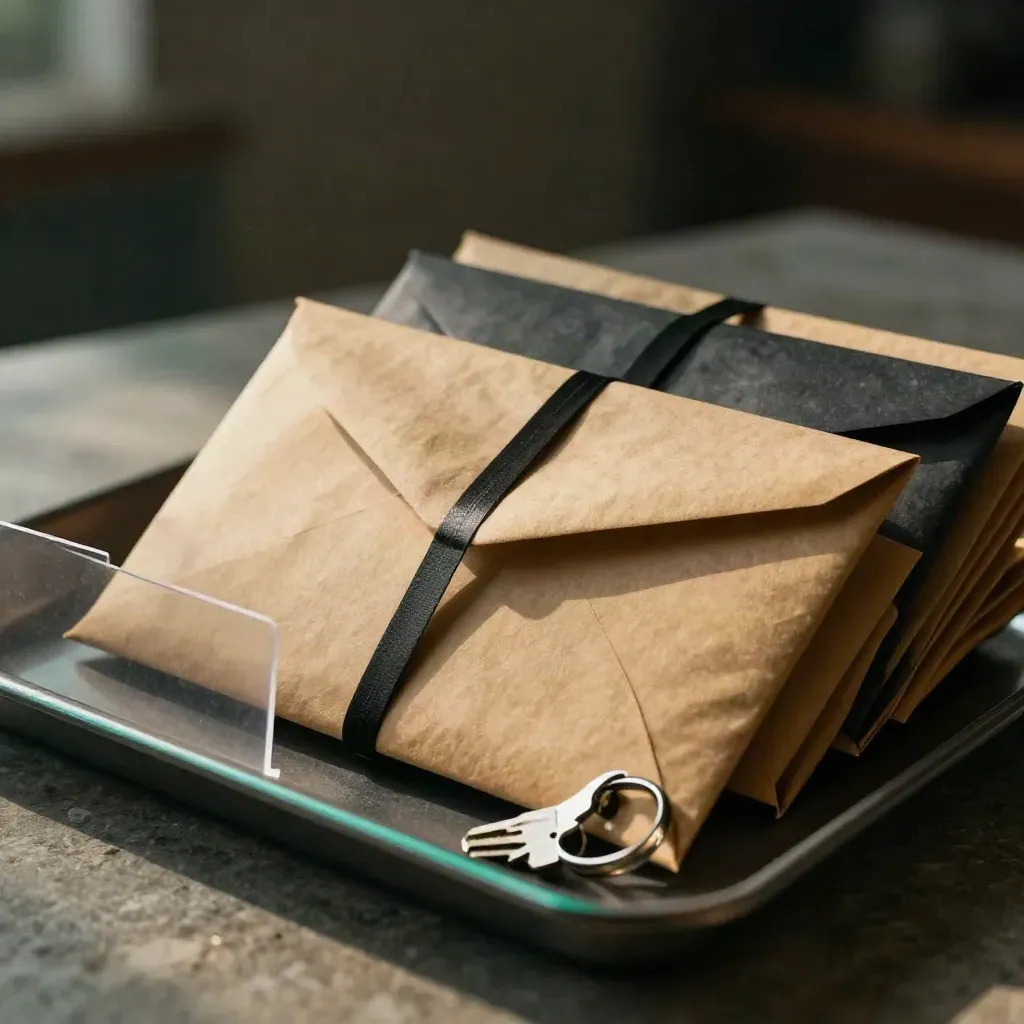 Five sealed courier envelopes bound with a black band beside keys on a dark tray