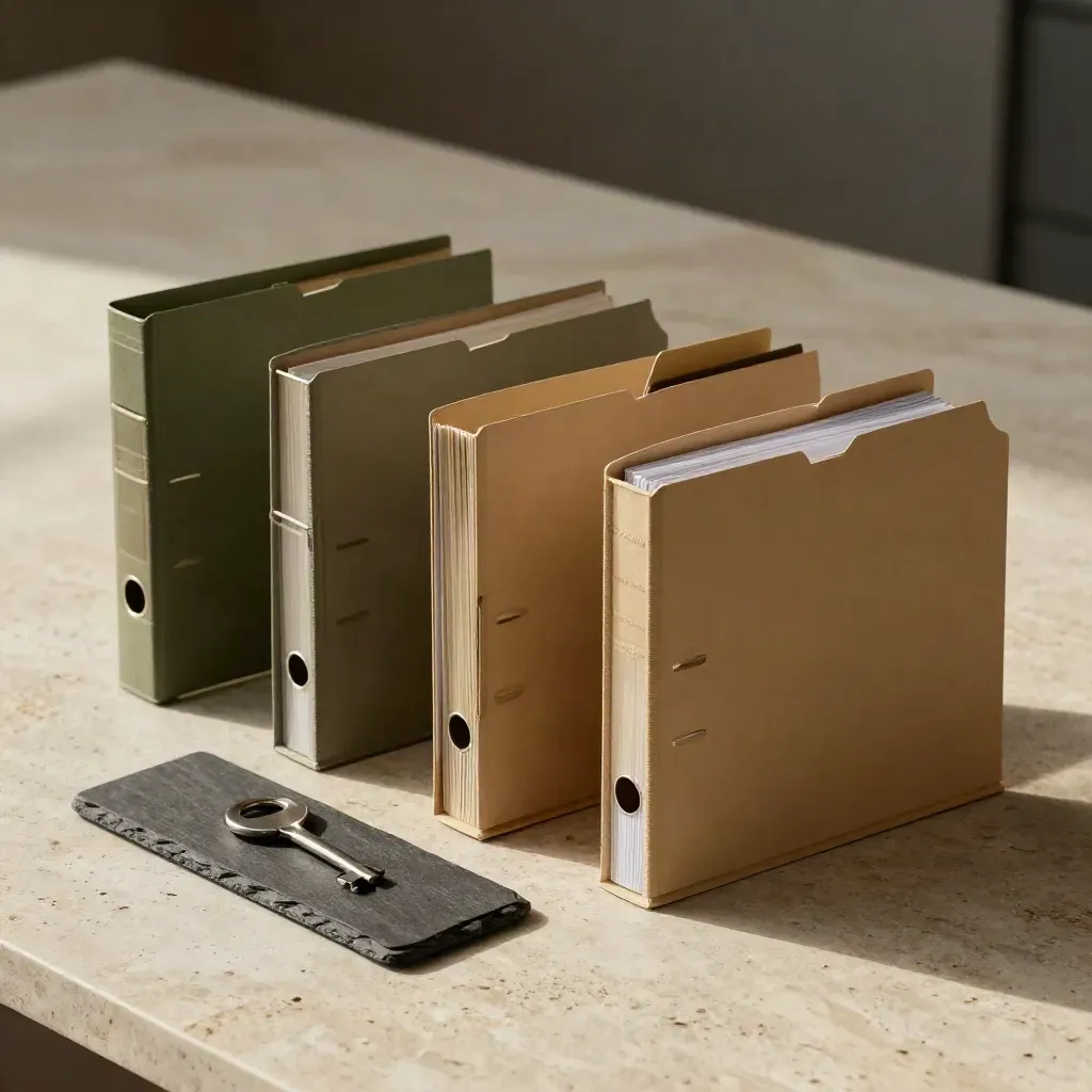 Overhead folders, ledger tray and matte clips on pale stone, lit from upper left.