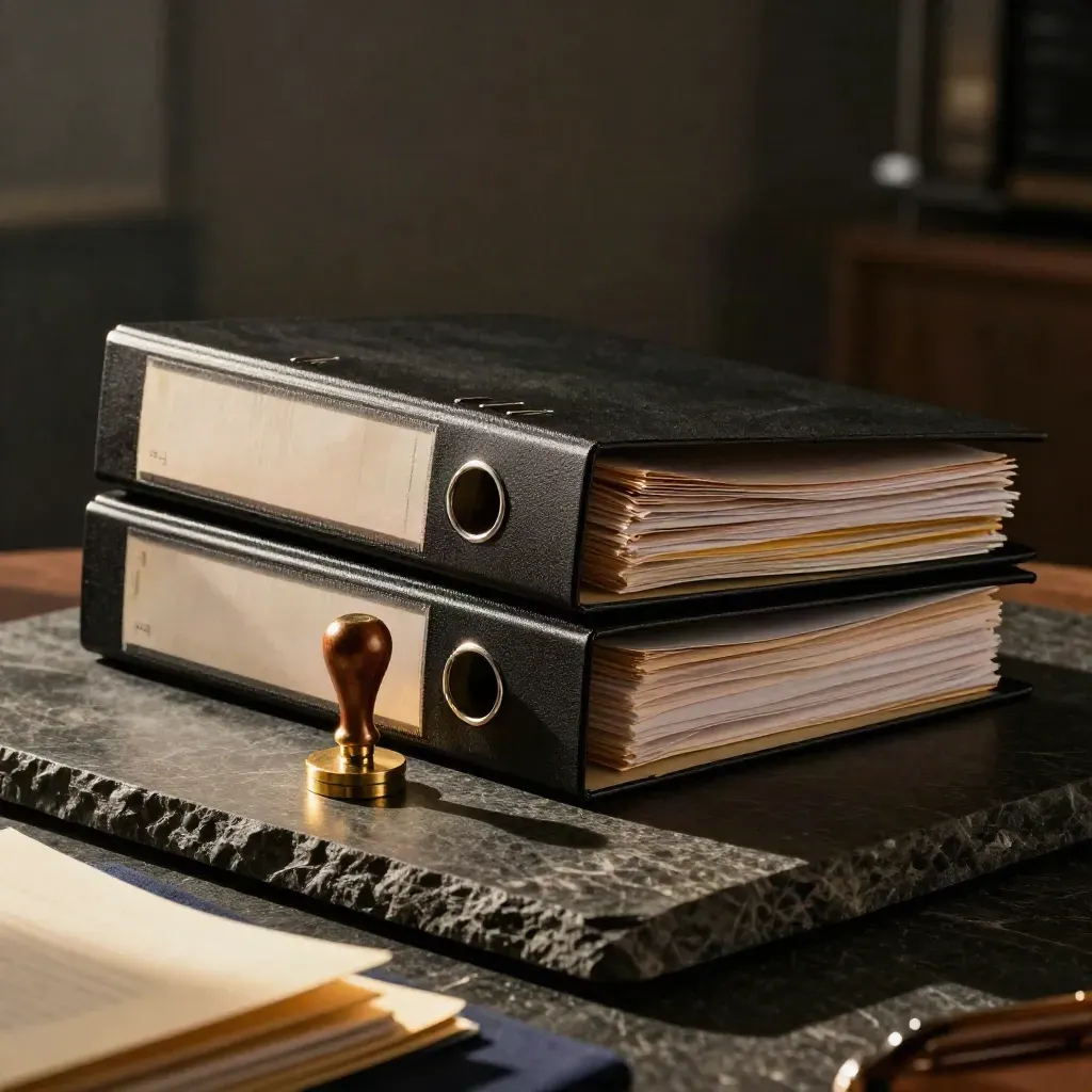 Black binders, legal sleeves and a brass seal stamp on dark stone under dramatic studio light.