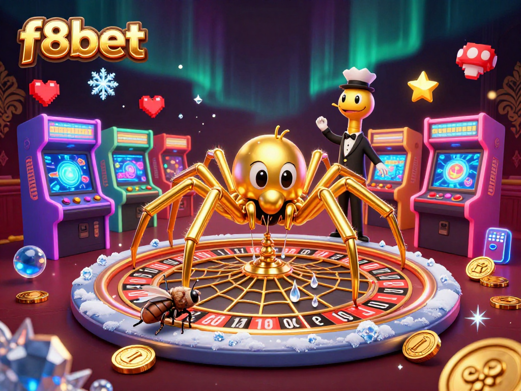 f8bet features a golden spider spinning roulette webs while a fly places bets in a colorful casino