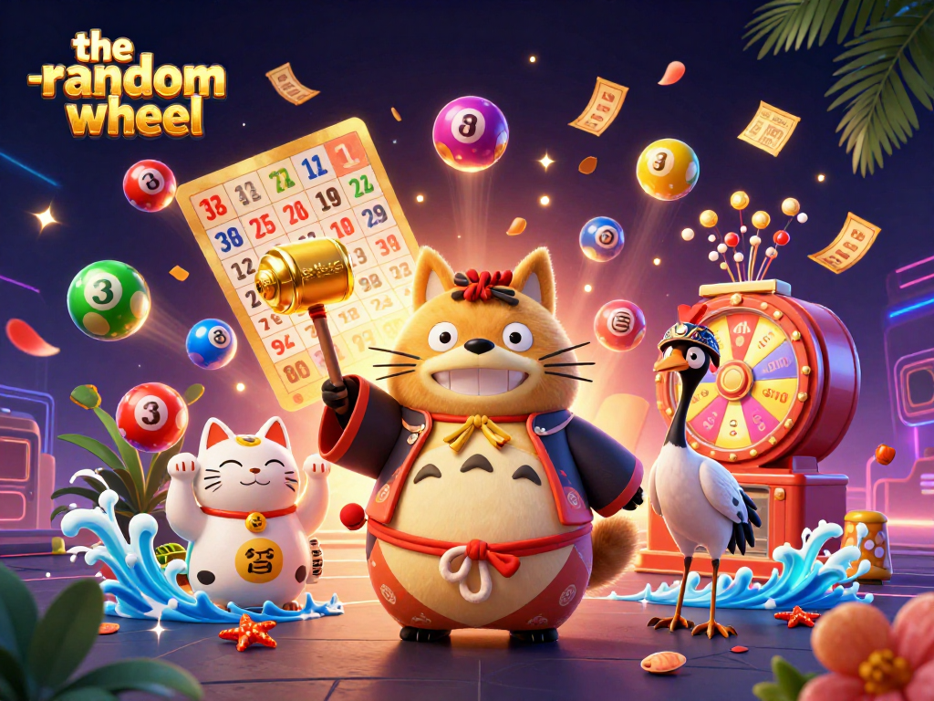 Engage the-random-wheel with a vibrant illustration of a cheerful tanuki and colorful lottery elements.