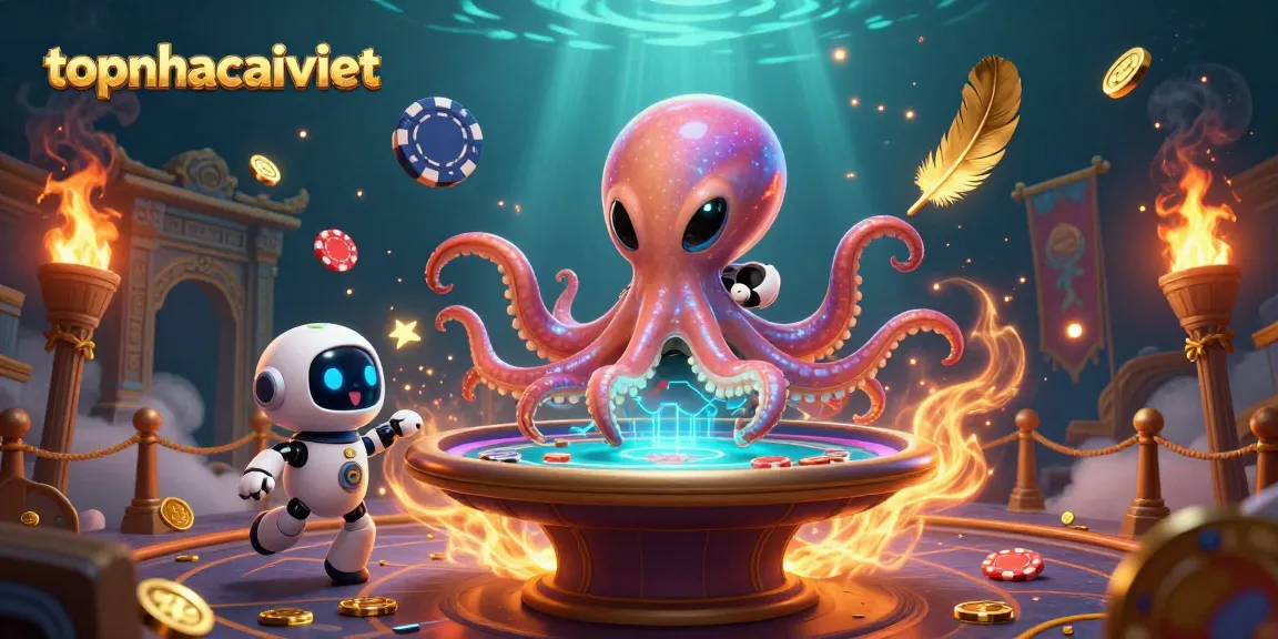 Experience excitement at topnhacaiviet with an alien octopus managing a holographic poker table.