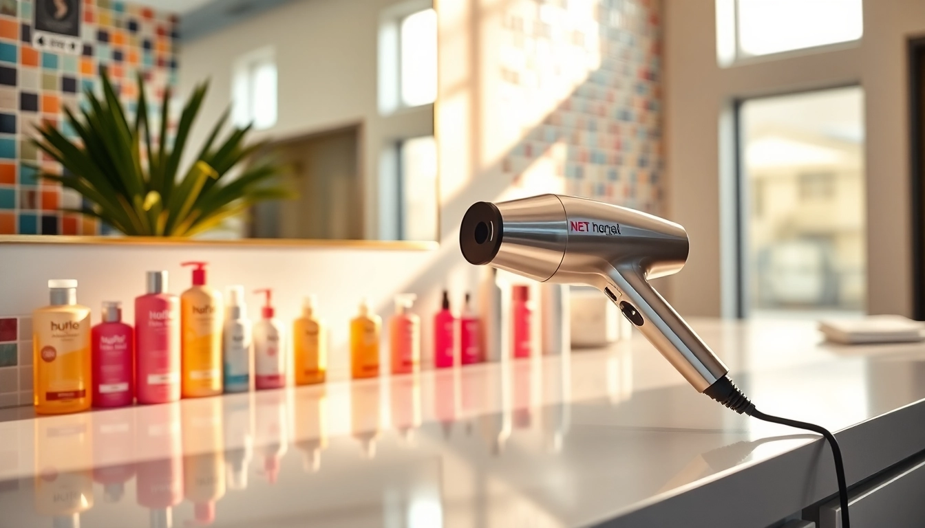 Styling with an ionic blow dryer showcasing its sleek design and premium features.