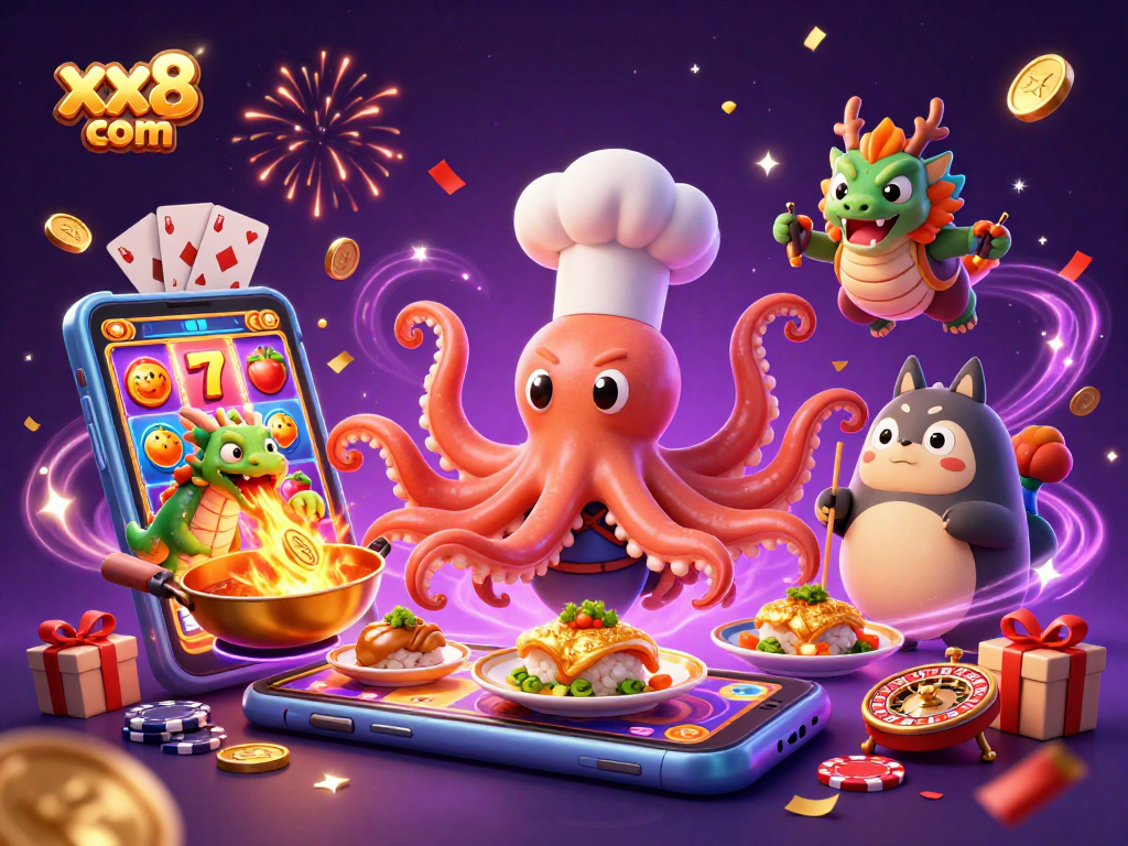 Engage with the thrill at xx8 com featuring a lively scene of a sushi chef octopus and dragon amidst vibrant casino elements.