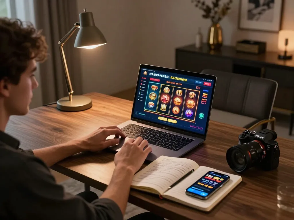 Engaging in casino online stranieri sicuri with a stylish home gaming setup, showcasing a player on laptop.