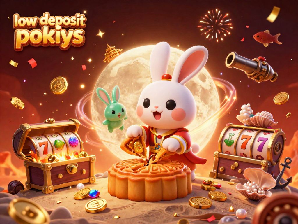 Players engage with low deposit pokies while enjoying a festive lunar scene filled with excitement and winnings.
