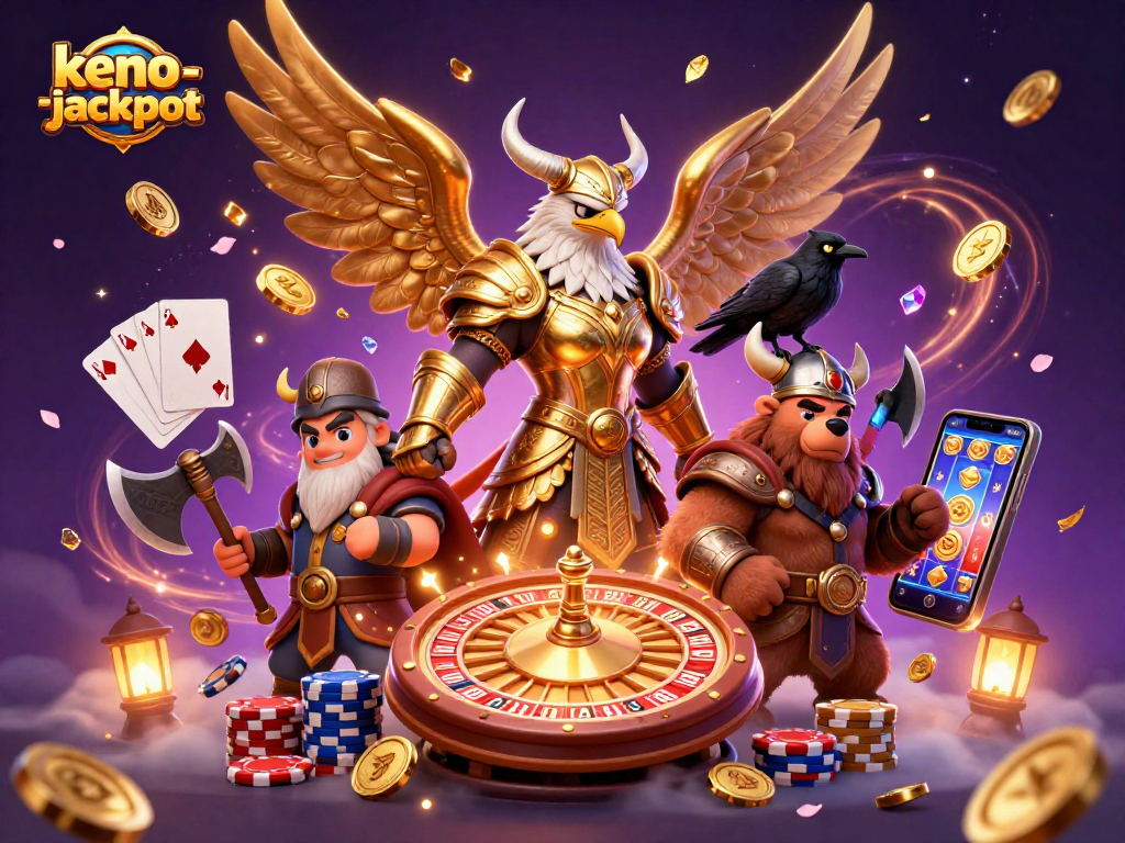 Experience exciting moments with keno-jackpot in a dynamic scene of gambling characters.