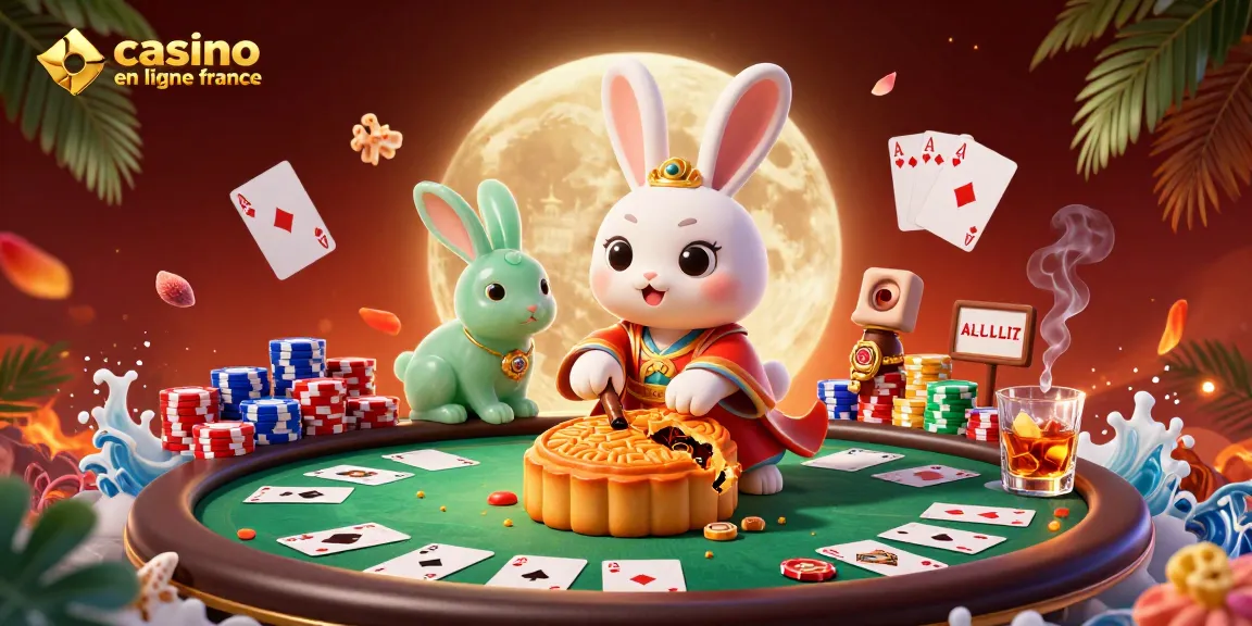Le casino en ligne France avec un lapin de lune qui révèle des jetons de poker dans une scène animée.