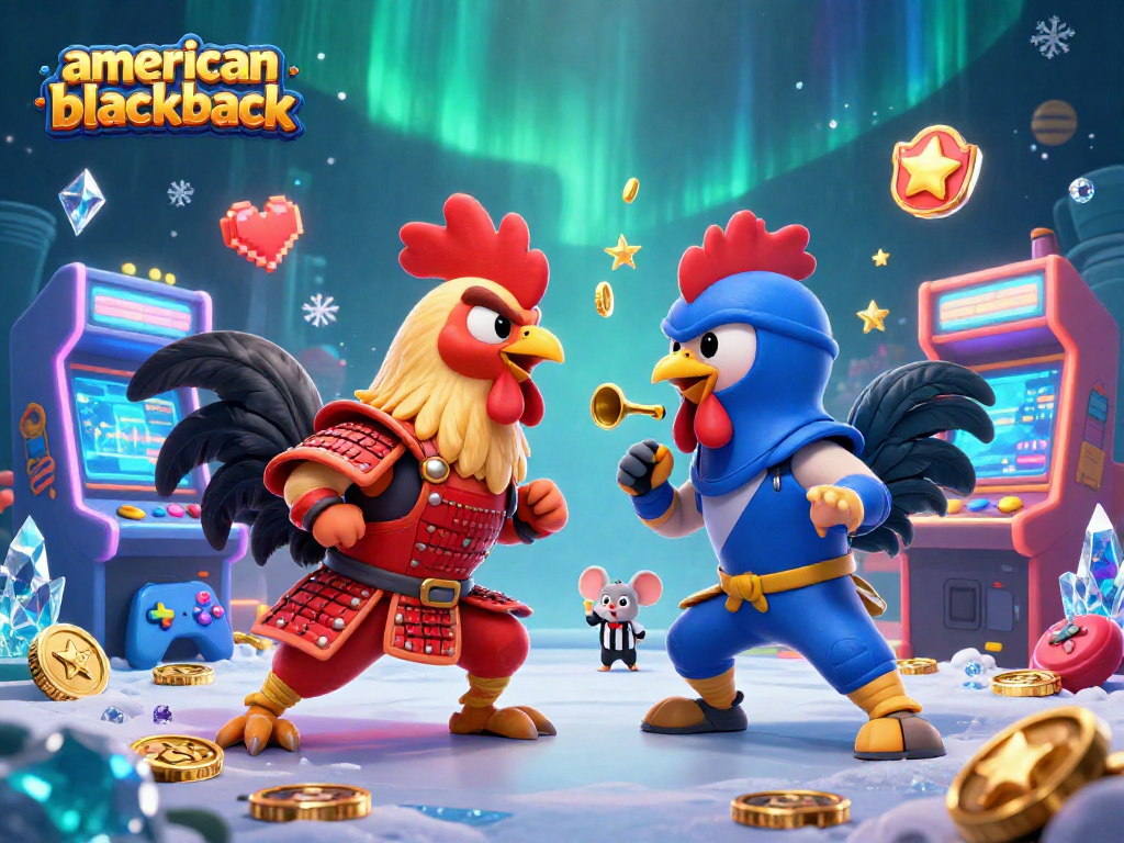 Engage with american-blackjack in a dynamic showdown between roosters in colorful casino-themed environment.