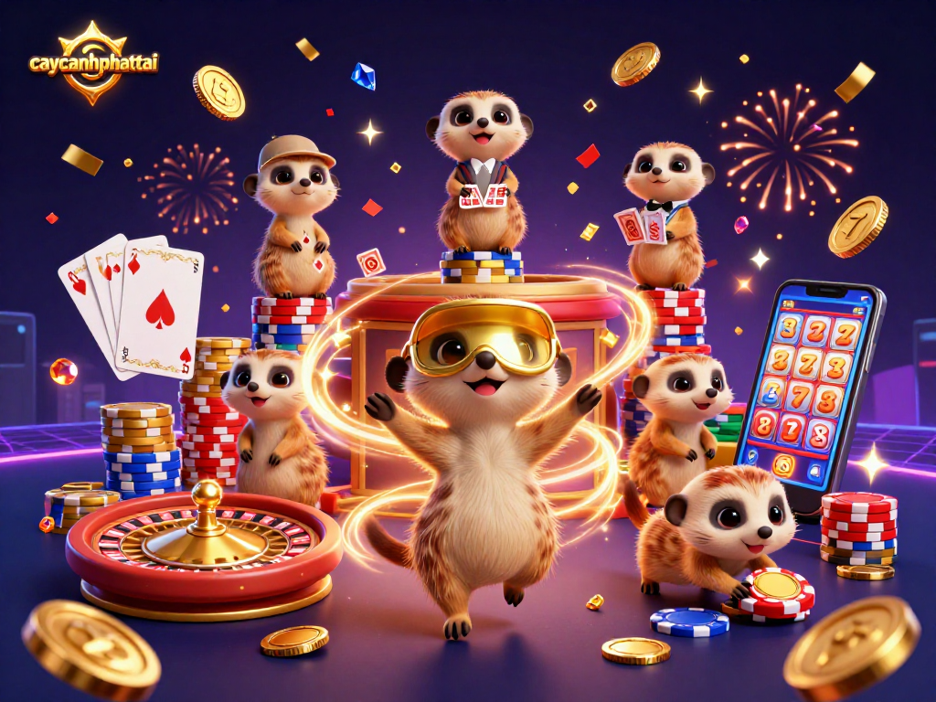 Bet on caycanhphattai with meerkats managing a vibrant casino environment filled with excitement.