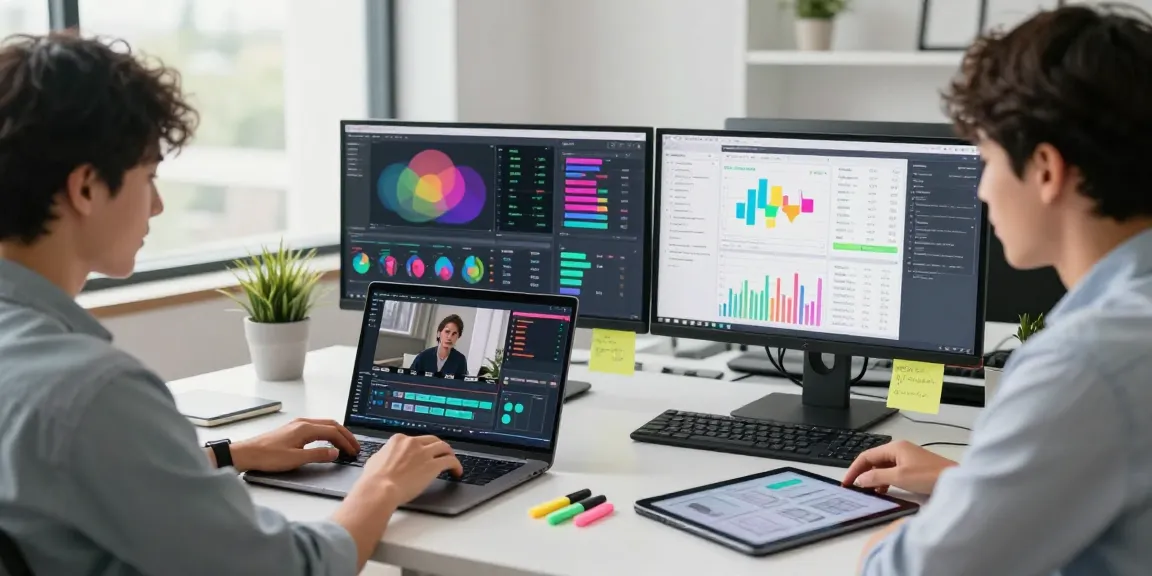 Workspace where NSFW content is edited and analyzed, featuring modern office tools and creative decor