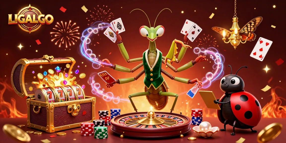LIGALGO showcases winning strategies with a lively casino scene featuring a mantis dealer and vibrant slot elements.