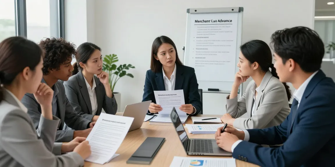 Addressing merchant cash advance legal issues in a serious business meeting with professionals discussing contracts and risks