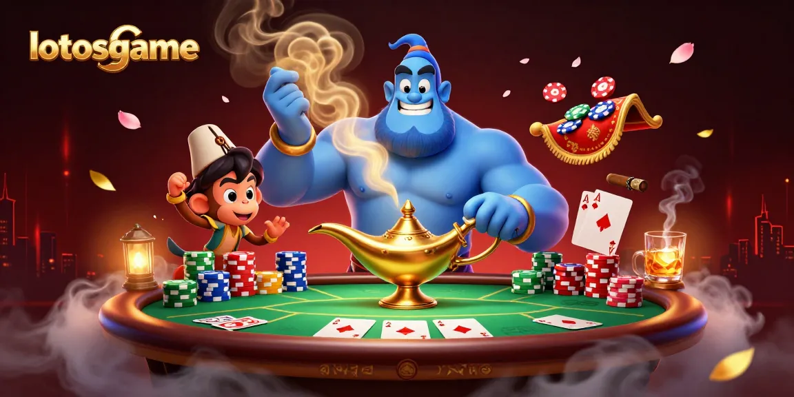 Engage with lotosgame's thrilling adventure as a genie bursts forth with excitement for poker action.