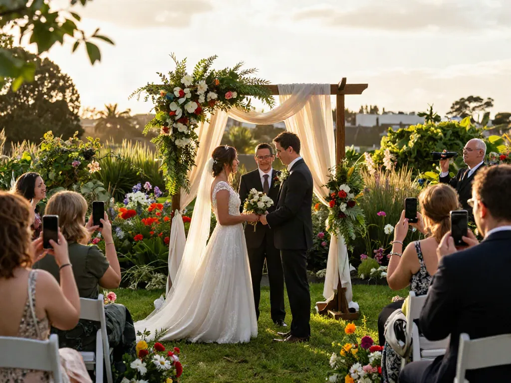Dunedin wedding photographer capturing a couple exchanging vows in a lush garden during sunset, surrounded by vibrant flowers.