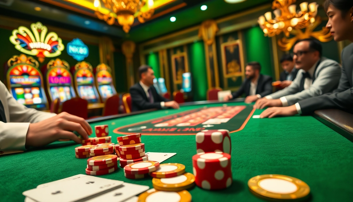 Players enjoying a thrilling poker game at NK88 casino with vibrant chips and cards