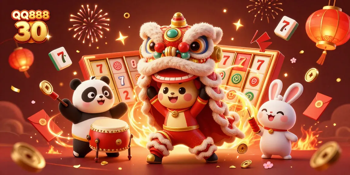 Join the celebration at QQ888 30 with vibrant visuals of slot games, lucky symbols, and festive characters.