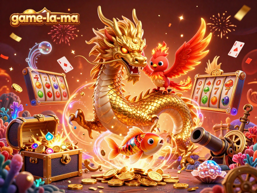 Join game-la-ma's thrilling casino world with a fierce dragon and phoenix in vibrant 3D illustration.