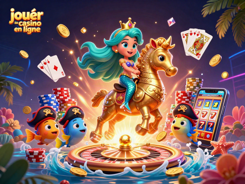 Jouez au casino en ligne avec des machines à sous festives et des personnages colorés dans une illustration 3D.