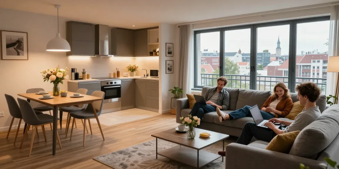 Moderne Monteurwohnung Hannover mit komfortablem Wohnzimmer und Stadtblick.