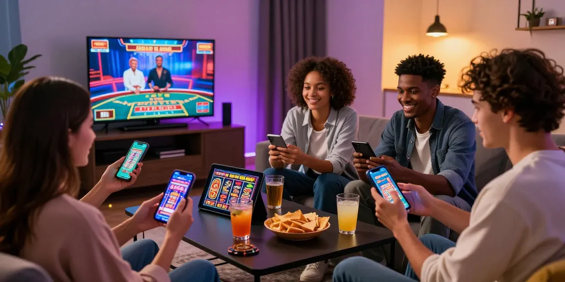 Friends enjoying judi casino online games on smartphones in a brightly lit room.