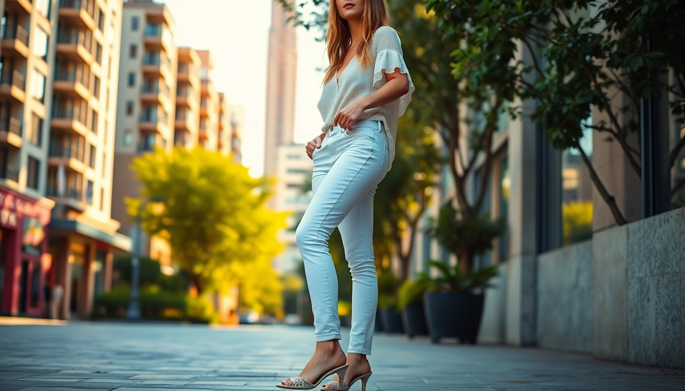 Stylish outfit showcasing white jeans women in a vibrant urban setting.