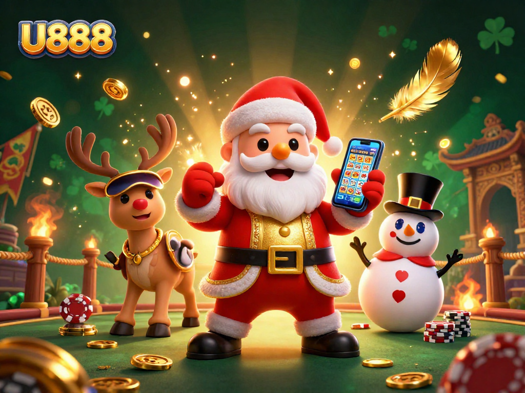 U888 lights up the jackpot scene with Santa, a reindeer dealer, and a poker chip snowman.