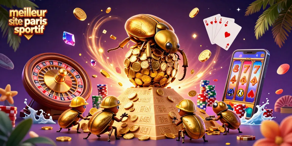 Pariez sur le meilleur site de paris sportif avec une illustration dynamique de casino, pièces dorées et jeux.