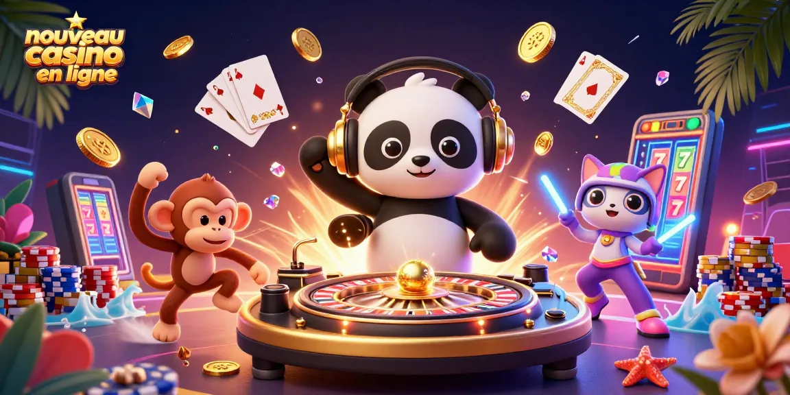 Nouveau casino en ligne évoquant l'énergie des jeux avec un panda DJ, un singe danseur et un chat en rave, décorés de jetons et de pièces volantes.