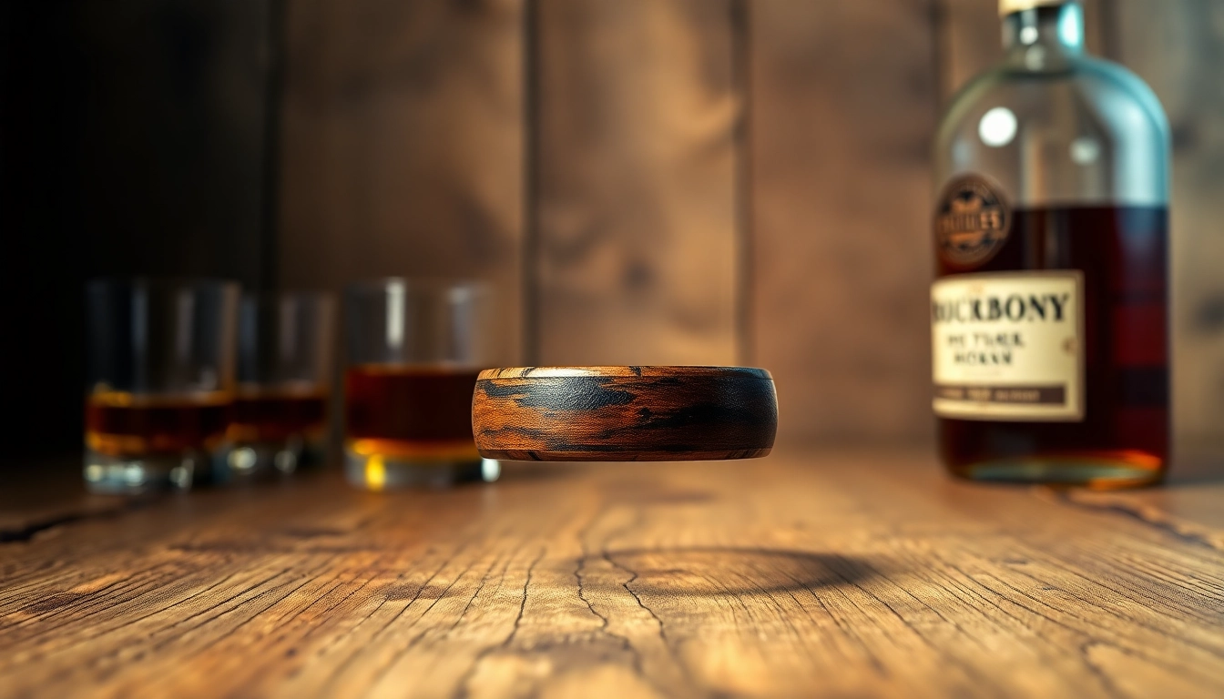 Exquisite whiskey barrel wedding bands showcasing unique wood grain patterns against a rustic backdrop.