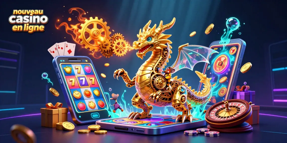 Une illustration 3D détaillée mettant en avant le nouveau casino en ligne avec un dragon doré et des éléments de jeux.