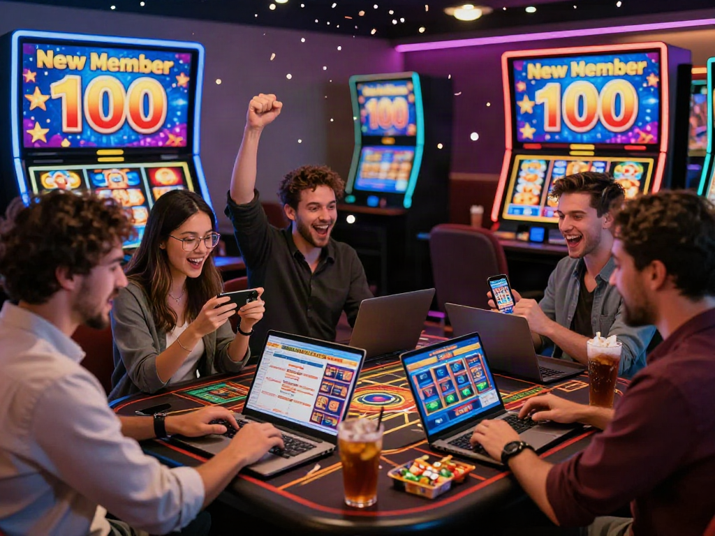 Celebrating friends enjoying the slot bonus new member 100 offer at an online casino, surrounded by digital displays.