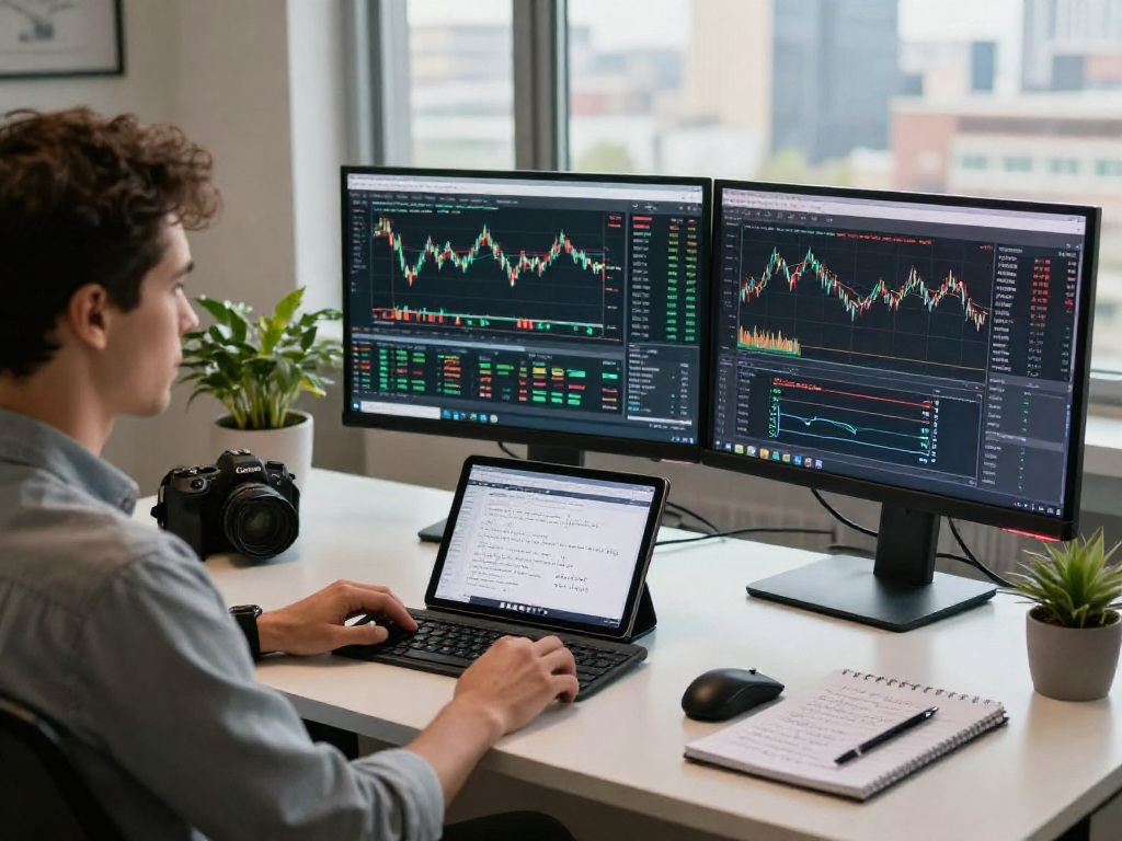 TradingView workspace with charts and financial data in a modern office.