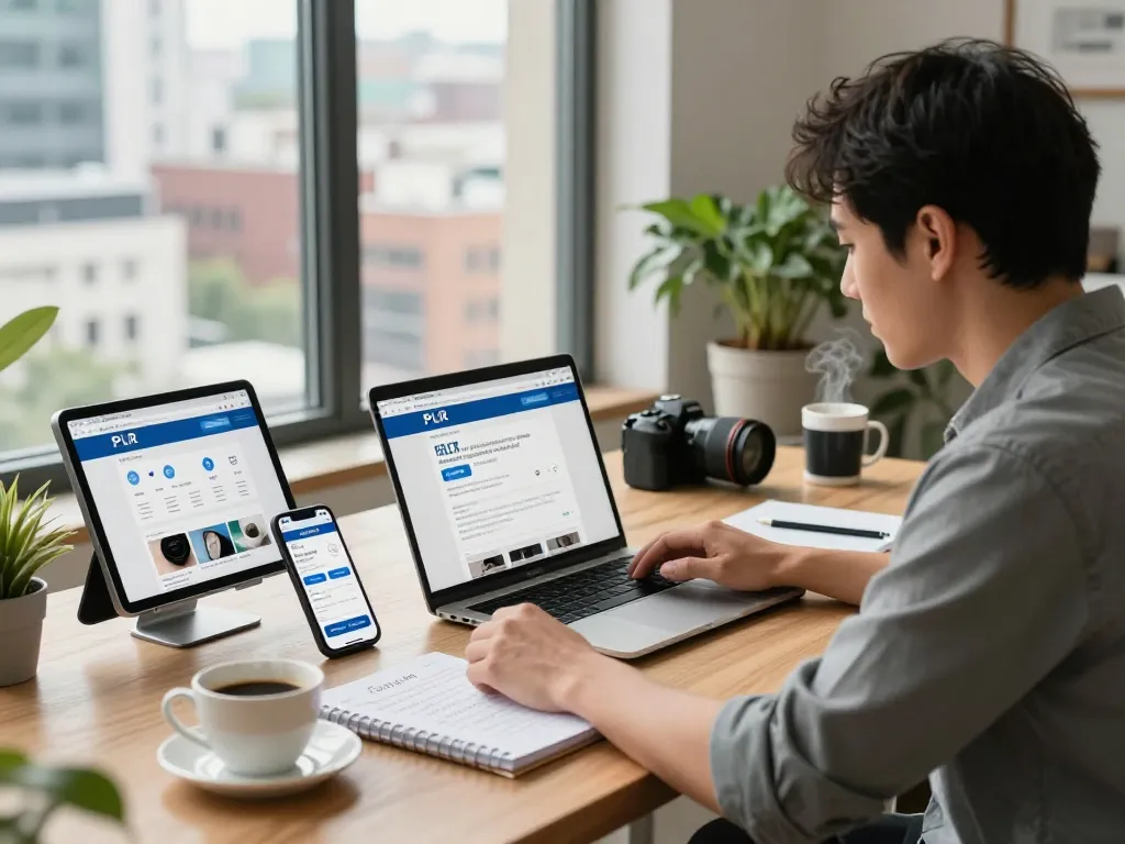 Buy PLR Digital Products while working in a modern home office, exploring e-commerce solutions.
