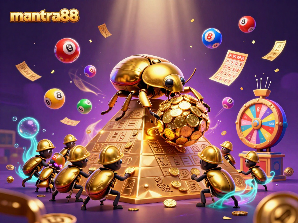 Win big at mantra88 with vibrant lottery elements and a fun casino theme in this 3D illustration.