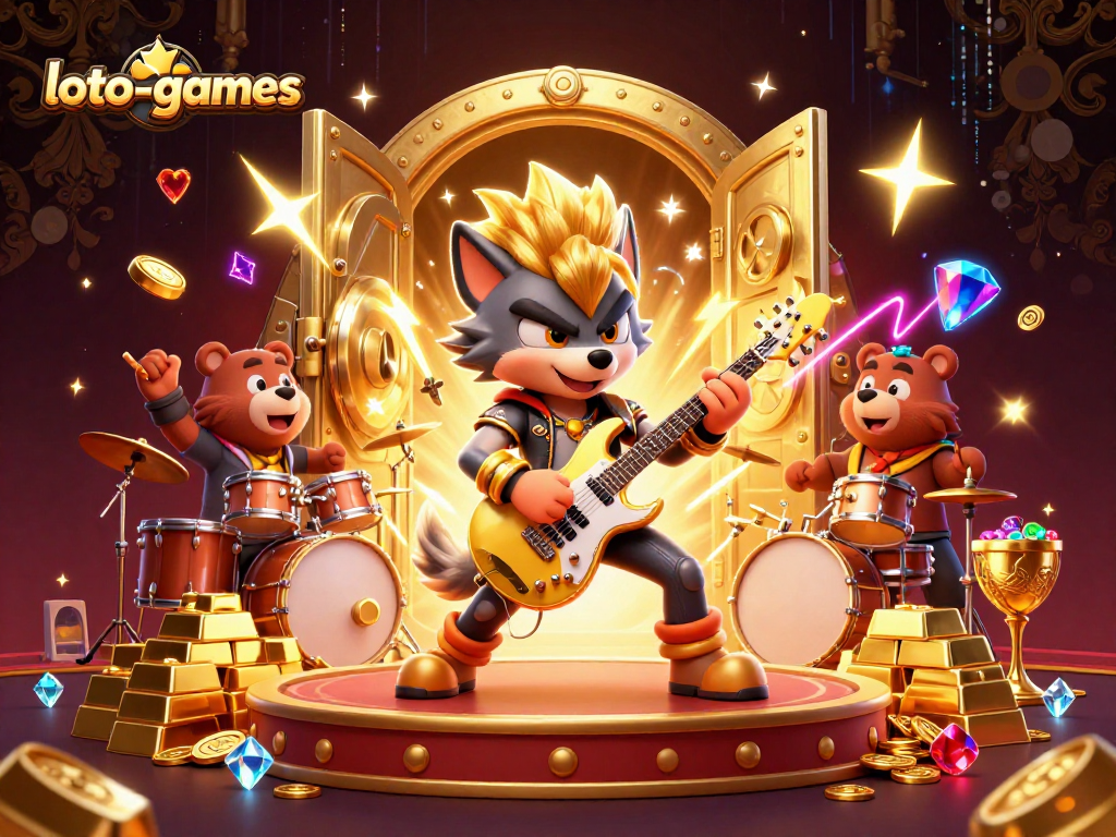 Experience loto-games excitement featuring a rock star wolf and drummer bear in a vibrant casino scene.