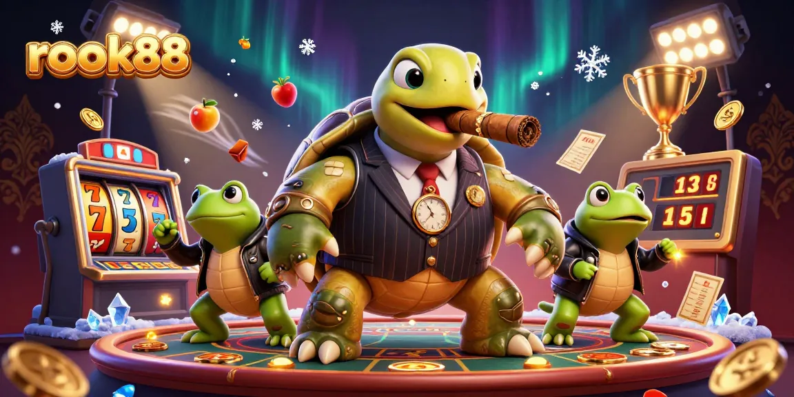Experience high-stakes action with rokok88's casino-themed 3D illustration featuring a mobster turtle.