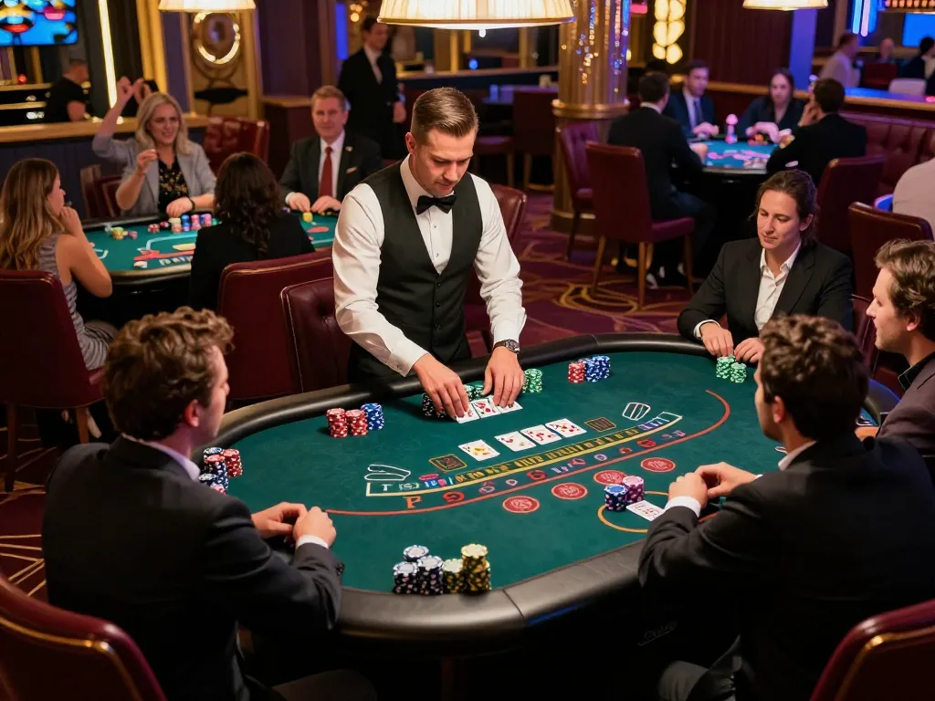 Agen Casino Online players engaged in an exciting blackjack game at a luxurious casino table.