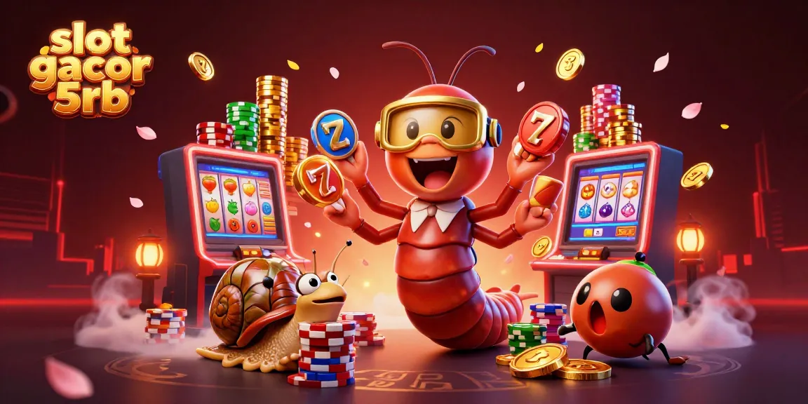Experience the excitement with slot gacor 5rb amidst vibrant slot machines, colorful coins, and playful characters.