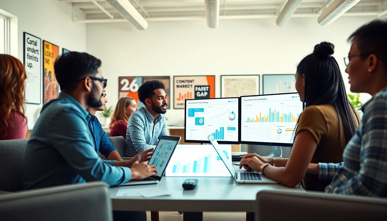 Team conducting a Content Gap Analysis in a bright and collaborative workspace.