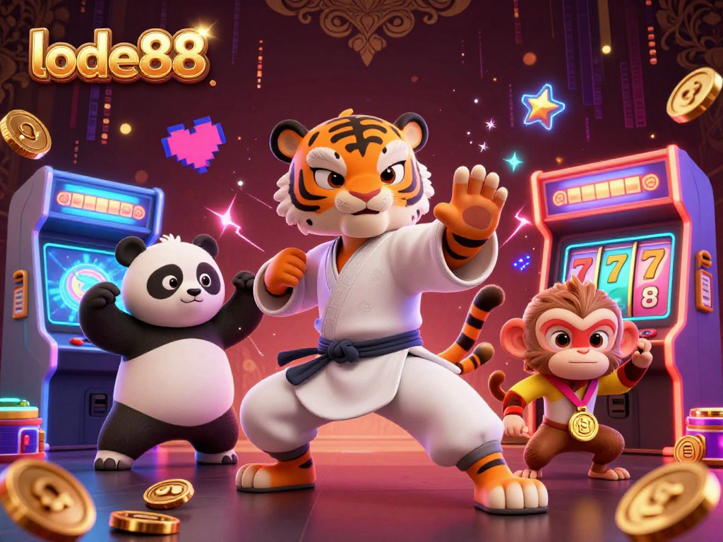 Engage with lode88 at a vibrant casino scene featuring kung fu tiger and playful characters.