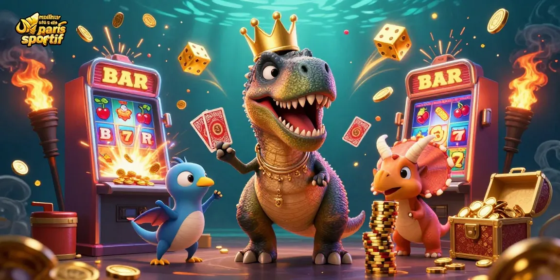 Visualisation ludique du meilleur site de paris sportif avec un T-Rex et des mesures de casino interactives.