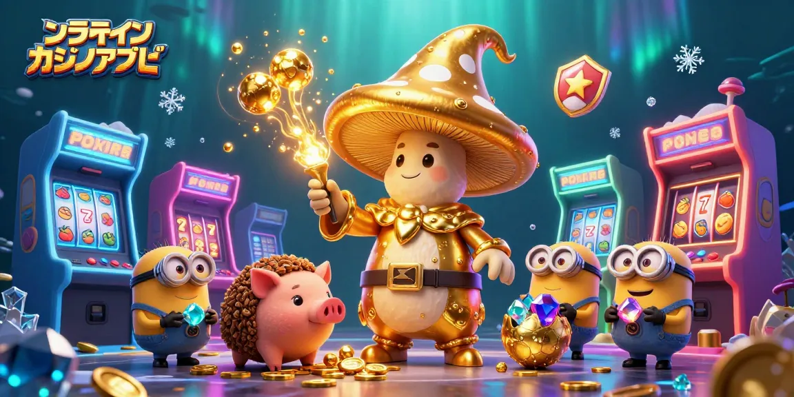 魅力的なオンラインカジノアプリのために、ゴールドをもたらすキノコの魔法使いや仲間たちが描かれています。