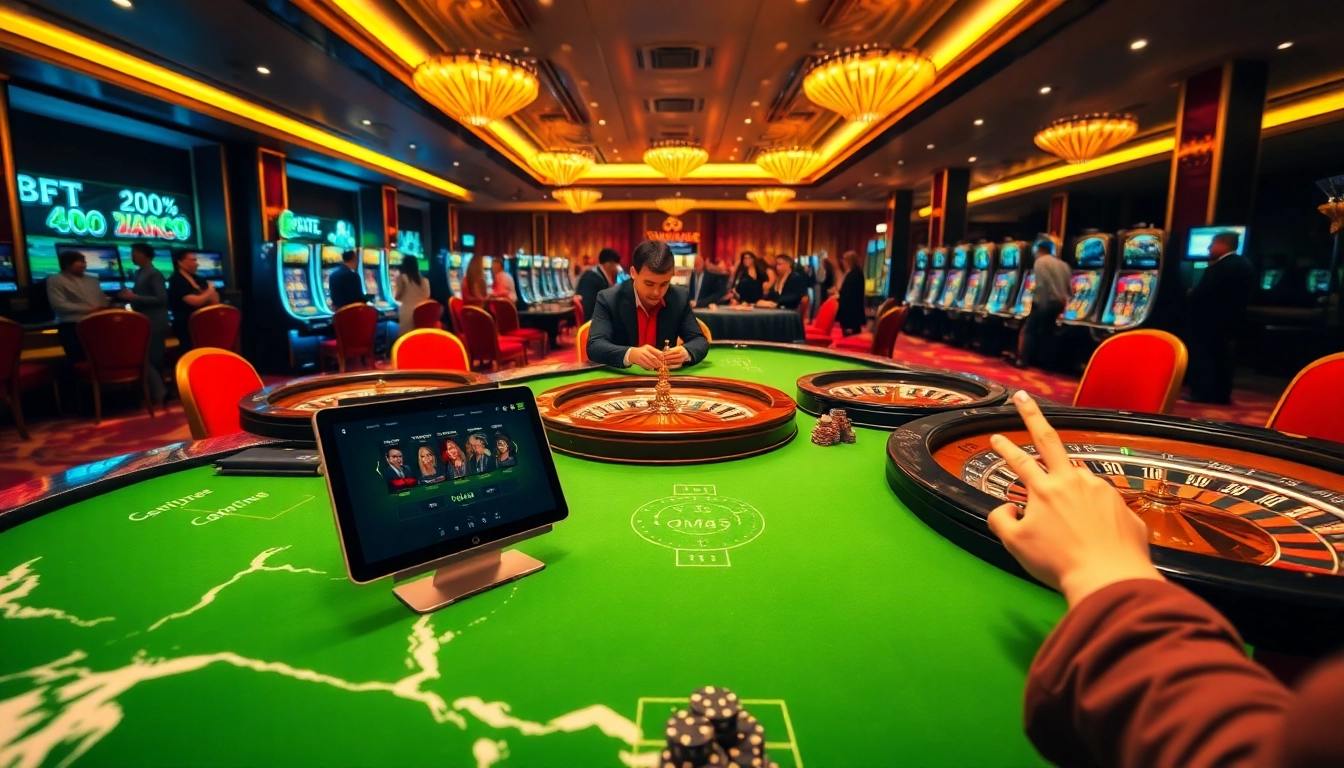 Experience the excitement of casino gaming with the mm88 link displayed on a tablet amidst a vibrant casino scene.
