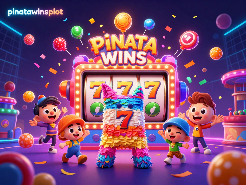 Experience the excitement of pinatawinsslot as characters joyfully break open pinatas to reveal candy treasures in this vibrant carnival scene.