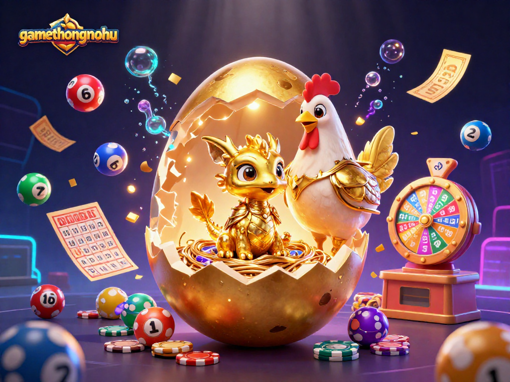 Experience the excitement of gamethuongnohu with a dazzling illustration of a golden egg dragon in a vibrant casino-themed scene.