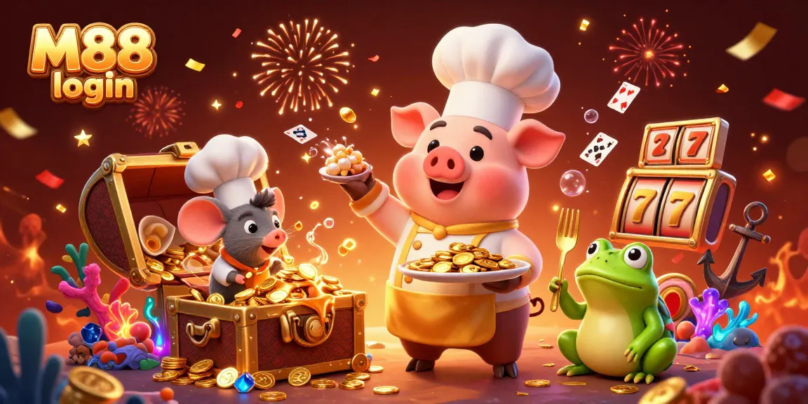 Experience the thrill of M88 login with a vibrant casino scene filled with winning symbols and characters.