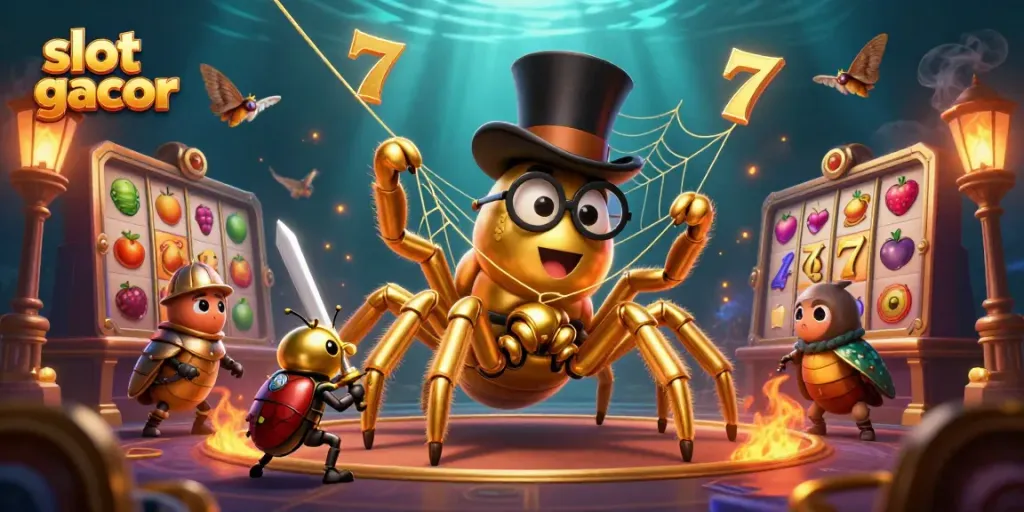 Spin the reels with slot gacor in a vibrant casino scene featuring a golden tarantula and beetle knight.